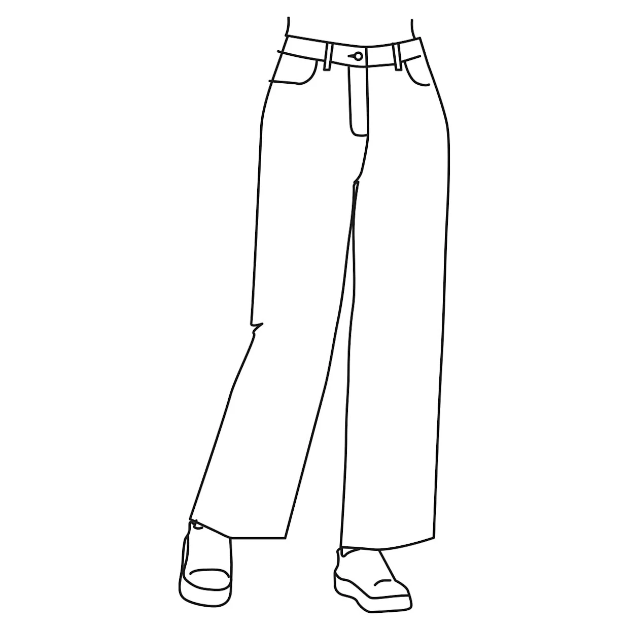 Illustratie van een wijde broek met hoge taille en zakken, gedragen met platte schoenen. Illustratie van een wijde broek met hoge taille en zakken, gedragen met platte schoenen.
