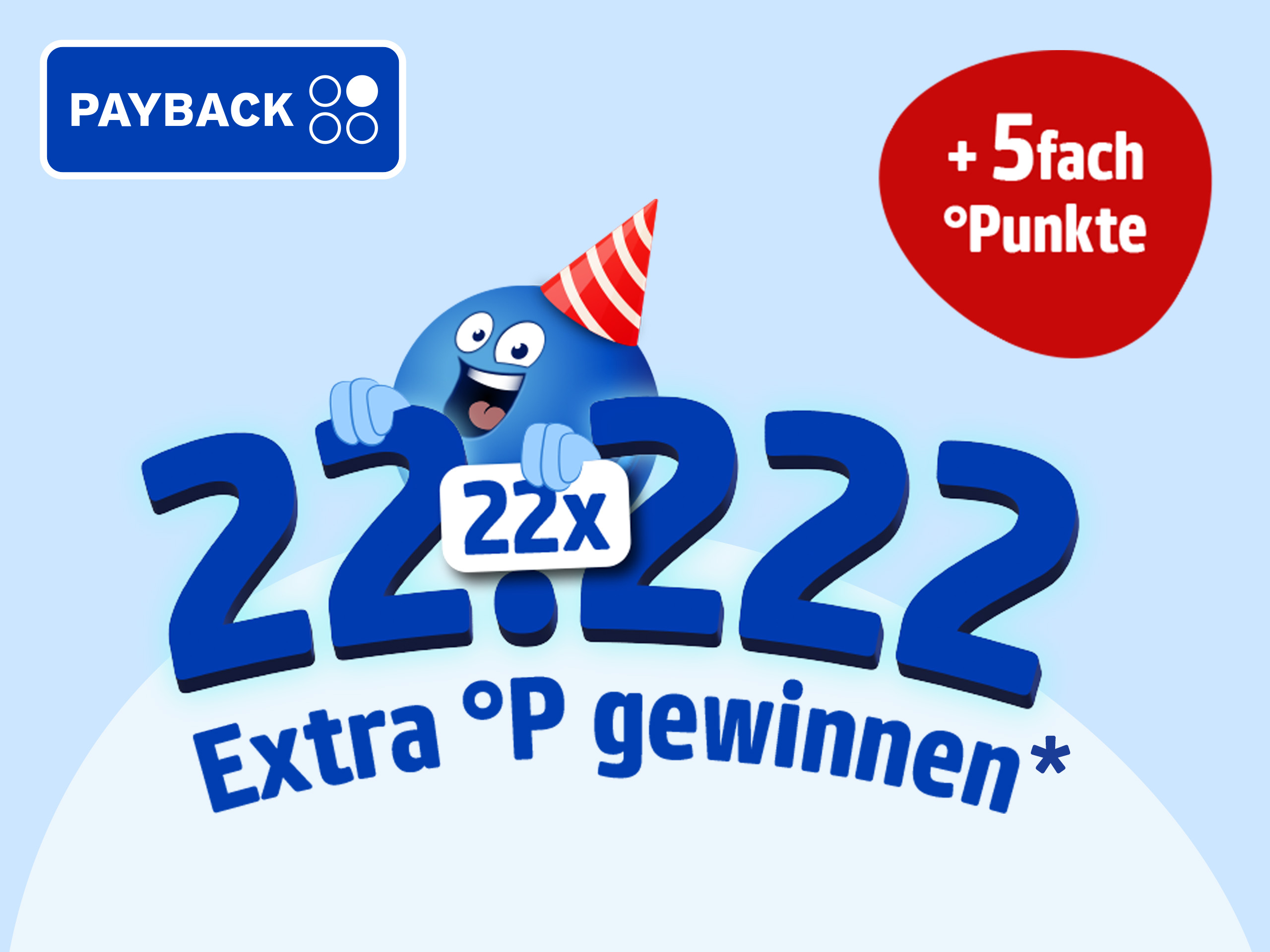 Eine Werbeanzeige mit dem Text 'PAYBACK + 5fach °Punkte 22 x 22.222 Extra °P gewinnen*' auf hellblauer und roter Fläche. Im Hintergrund ist ein blaues Maskottchen mit Partyhut zu sehen.