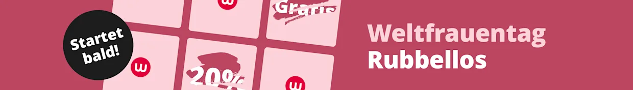 Banner zum Weltfrauentag: „Weltfrauentag Rubbellos – Startet bald!“ mit grafischen Losfeldern und Prozentangaben auf beerenfarbenem Grund.