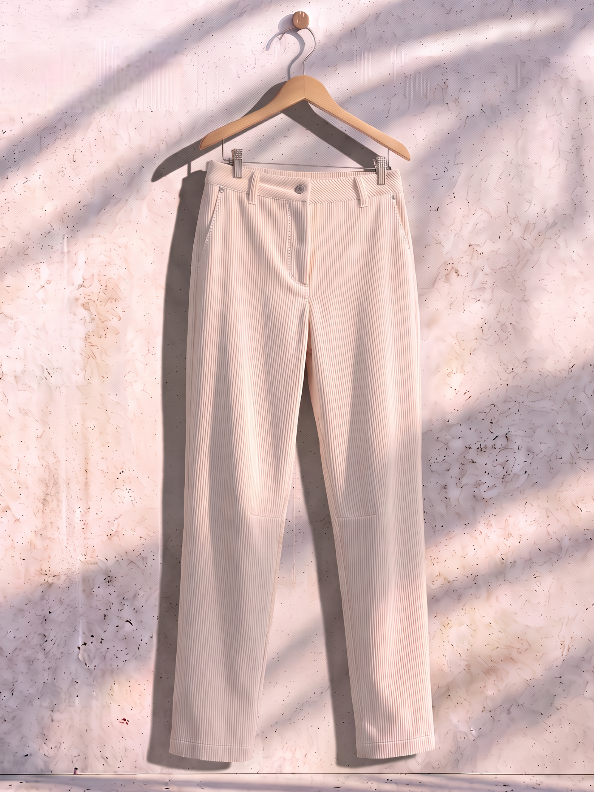 Cremefarbene Cordhose an einem Kleiderbügel