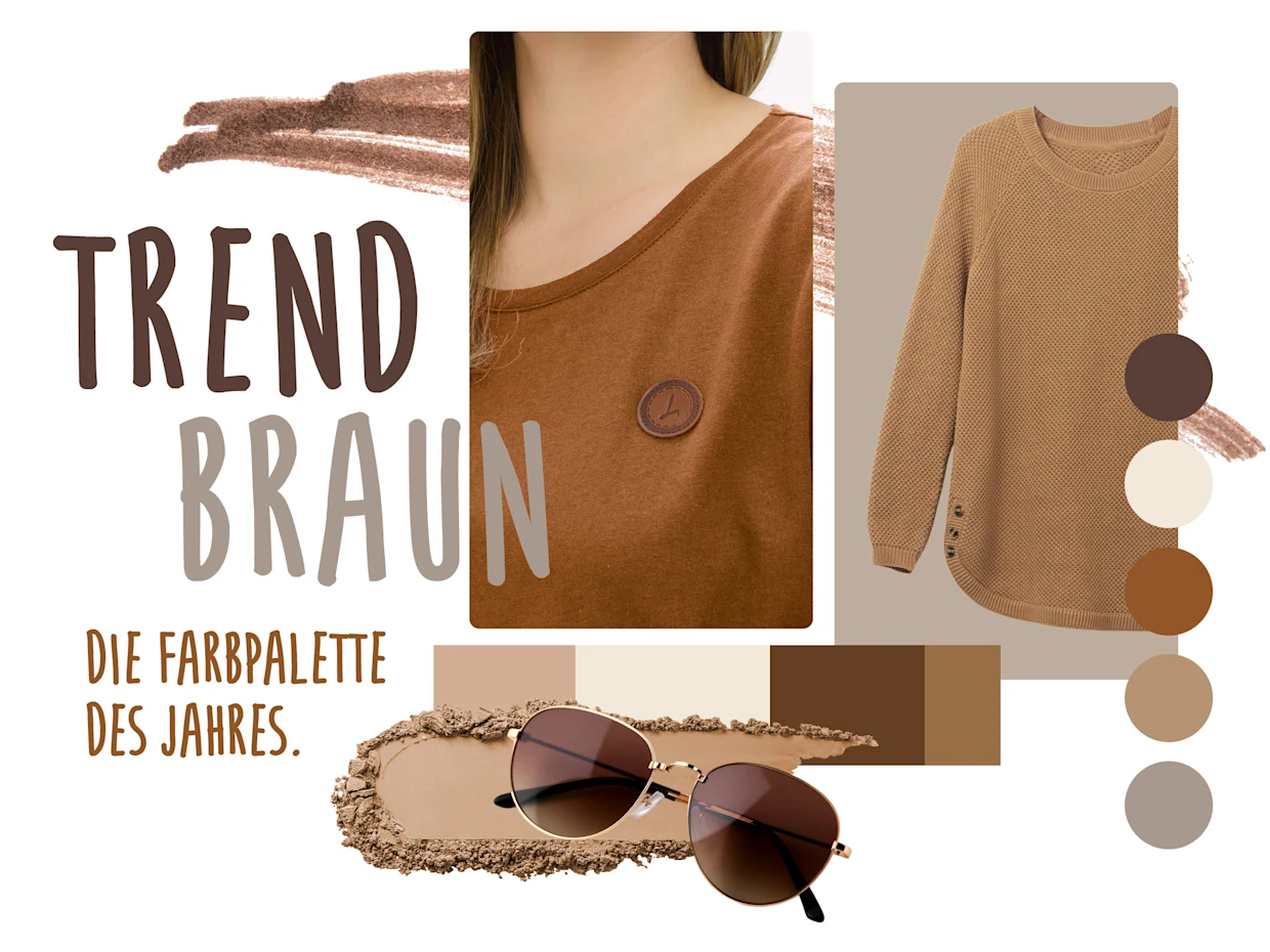 Moodboard mit braunen Kleidungsstücken, Sonnenbrille und Farbpalette in Beige- bis Brauntönen, dazu Text „Trend Braun“. Moodboard mit braunen Kleidungsstücken, Sonnenbrille und Farbpalette in Beige- bis Brauntönen, dazu Text „Trend Braun“.