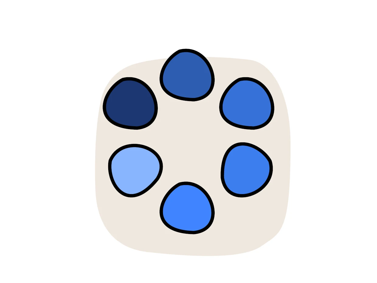 Illustration eines Farbkreises mit sechs organisch geformten Segmenten in blauen Abstufungen.