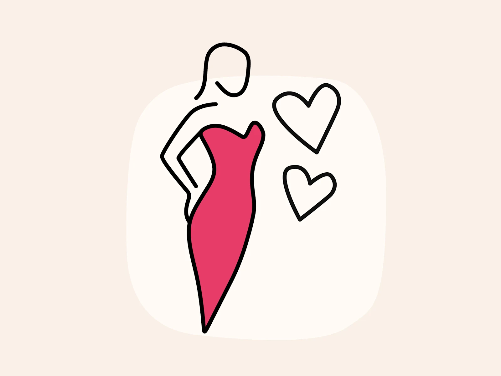 Minimalistische lijntekening van een vrouw in een roze jurk met één hand op haar heup. Daarnaast zweven twee hartjes.
