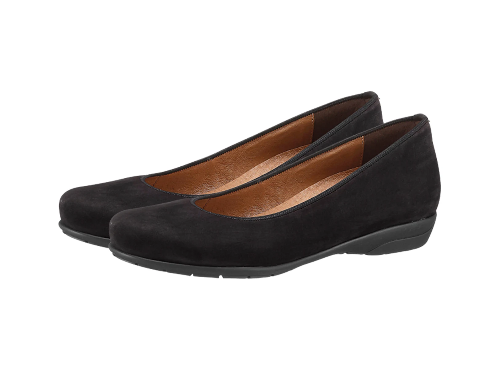 Schwarze Damen-Ballerinas aus Leder mit flacher Sohle und schlichtem Design. Schwarze Damen-Ballerinas aus Leder mit flacher Sohle und schlichtem Design.