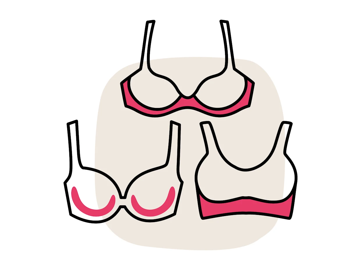 Das Symbol zeigt drei verschiedene BH-Modelle in Weiß und Rot, ohne weitere Details. Die BHs sind auf einem beigen Rechteck mit abgerundeten Ecken abgebildet.
