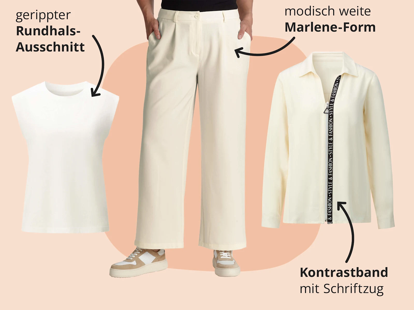 Ein Bild mit den Texten 'gerippter Rundhals-Ausschnitt', 'modisch weite Marlene-Form', 'Kontrastband mit Schriftzug'. Der Hintergrund ist hellorange mit einer großen, dunkleren Fläche in der Mitte. Im Vordergrund sind ein weißes ärmelloses Top, eine weite cremefarbene Hose und eine cremefarbene Bluse mit schwarzem Kontrastband abgebildet, jeweils mit Pfeilen und Beschriftungen zu den Besonderheiten. Ein Bild mit den Texten 'gerippter Rundhals-Ausschnitt', 'modisch weite Marlene-Form', 'Kontrastband mit Schriftzug'. Der Hintergrund ist hellorange mit einer großen, dunkleren Fläche in der Mitte. Im Vordergrund sind ein weißes ärmelloses Top, eine weite cremefarbene Hose und eine cremefarbene Bluse mit schwarzem Kontrastband abgebildet, jeweils mit Pfeilen und Beschriftungen zu den Besonderheiten.