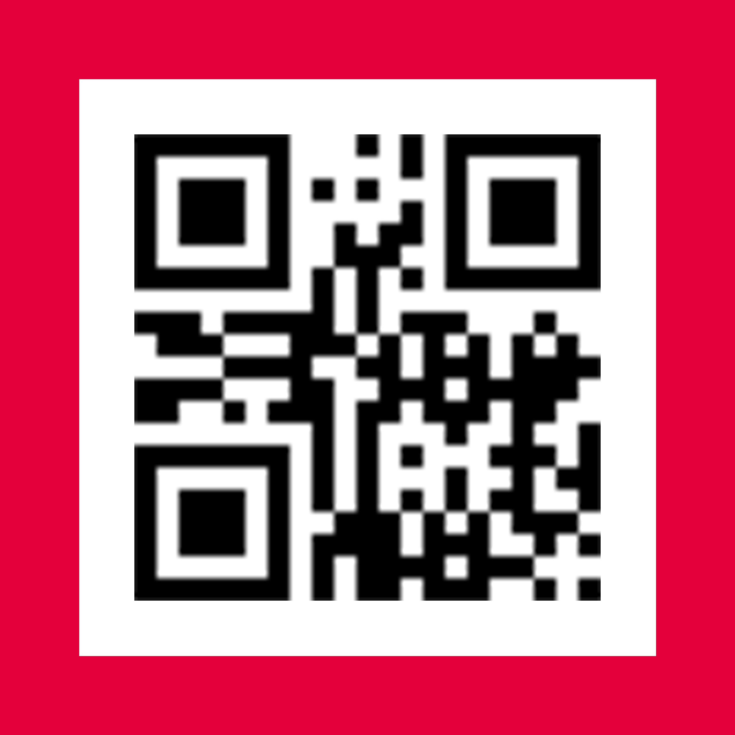 Ein schwarz-weißer QR-Code auf weißem Hintergrund, umrahmt von einem roten Rand.