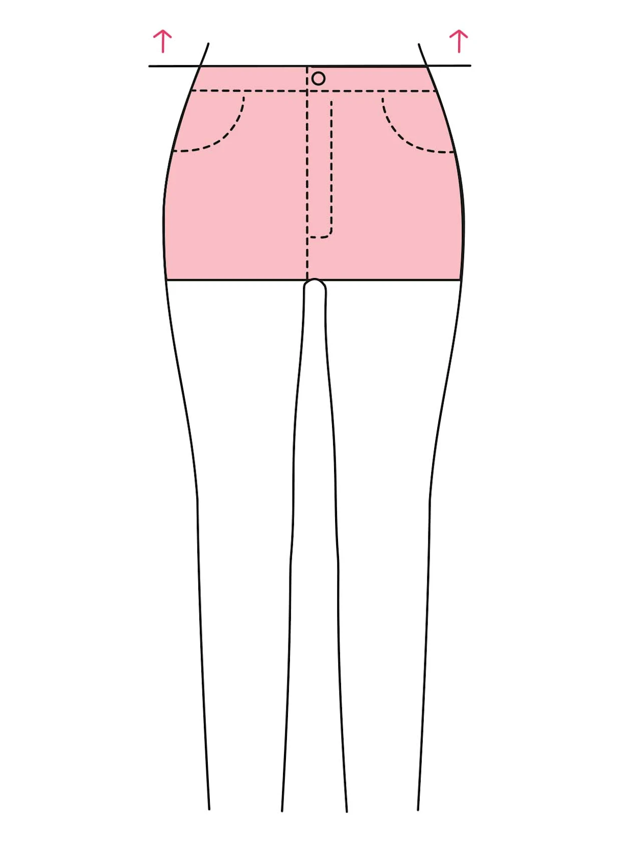 Illustratie van een broek met hoge taille, roze gekleurd gebied toont het taillebereik. Illustratie van een broek met hoge taille, roze gekleurd gebied toont het taillebereik.