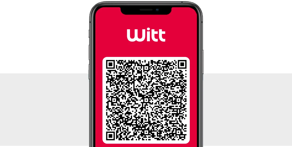 Das Bild zeigt ein Smartphone mit dem Witt Logo und einem QR-Code auf einem roten Bildschirm. Der Hintergrund ist grau und weiß. Das Bild zeigt ein Smartphone mit dem Witt Logo und einem QR-Code auf einem roten Bildschirm. Der Hintergrund ist grau und weiß.
