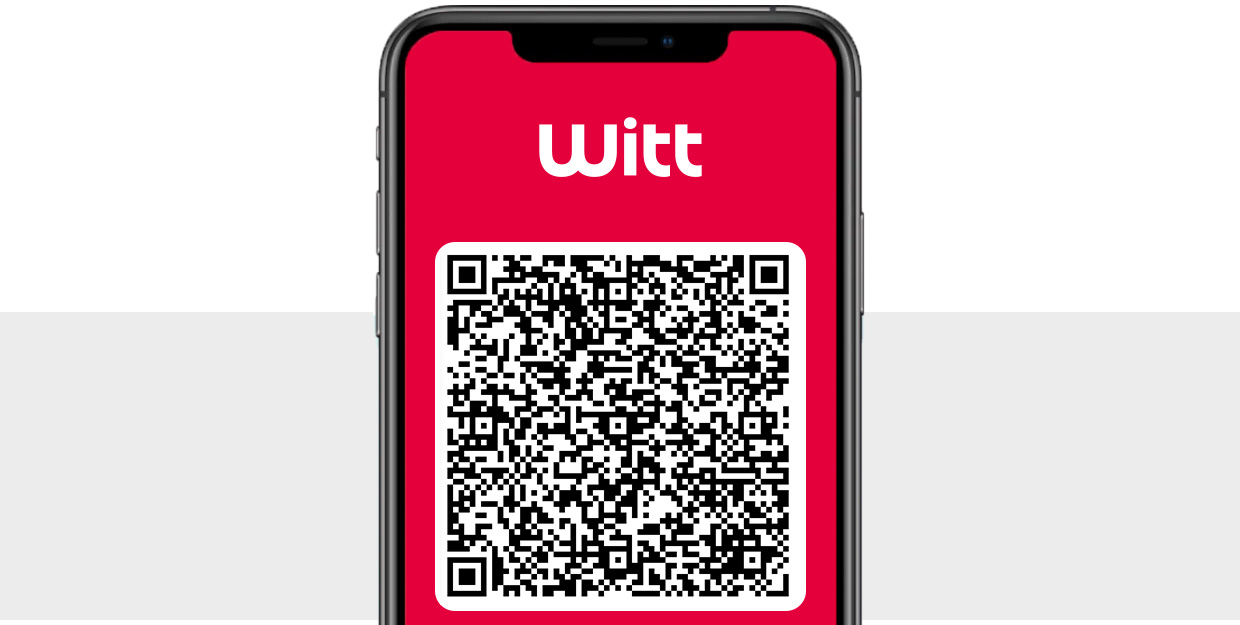 Das Bild zeigt ein Smartphone mit dem Witt Logo und einem QR-Code auf einem roten Bildschirm. Der Hintergrund ist grau und weiss.
