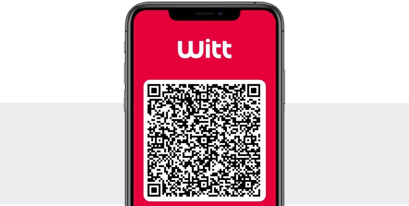 Das Bild zeigt ein Smartphone mit dem Witt Logo und einem QR-Code auf einem roten Bildschirm. Der Hintergrund ist grau und weiss. Das Bild zeigt ein Smartphone mit dem Witt Logo und einem QR-Code auf einem roten Bildschirm. Der Hintergrund ist grau und weiss.