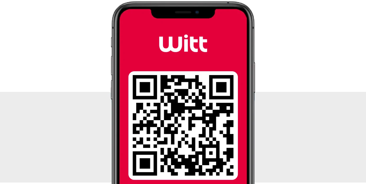 Das Bild zeigt ein Smartphone mit dem Witt Logo und einem QR-Code auf einem roten Bildschirm. Der Hintergrund ist grau und weiß. Das Bild zeigt ein Smartphone mit dem Witt Logo und einem QR-Code auf einem roten Bildschirm. Der Hintergrund ist grau und weiß.