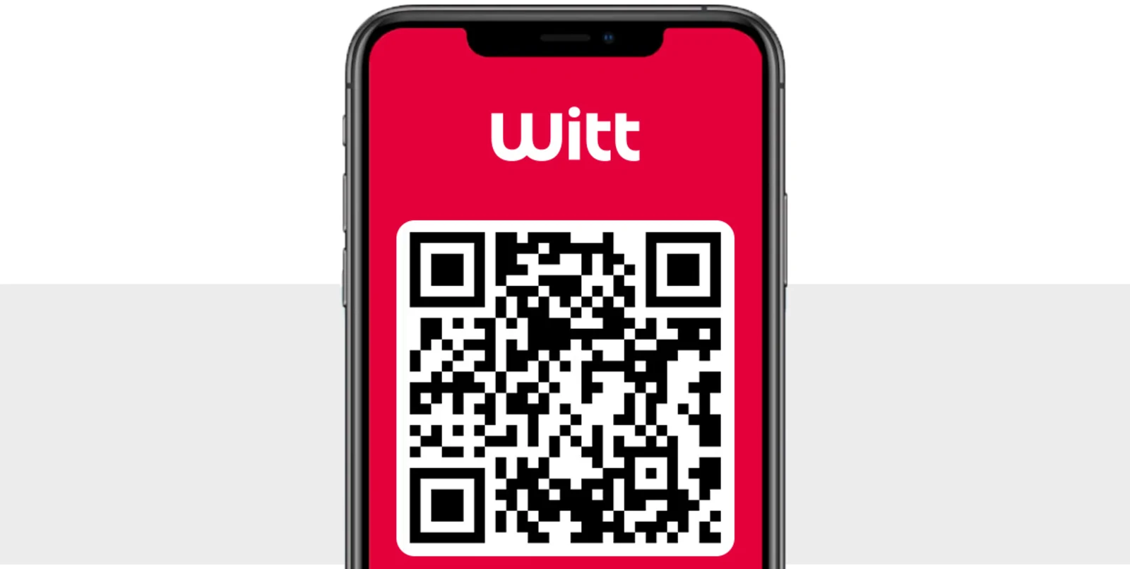 Das Bild zeigt ein Smartphone mit dem Witt Logo und einem QR-Code auf einem roten Bildschirm. Der Hintergrund ist grau und weiß. Das Bild zeigt ein Smartphone mit dem Witt Logo und einem QR-Code auf einem roten Bildschirm. Der Hintergrund ist grau und weiß.