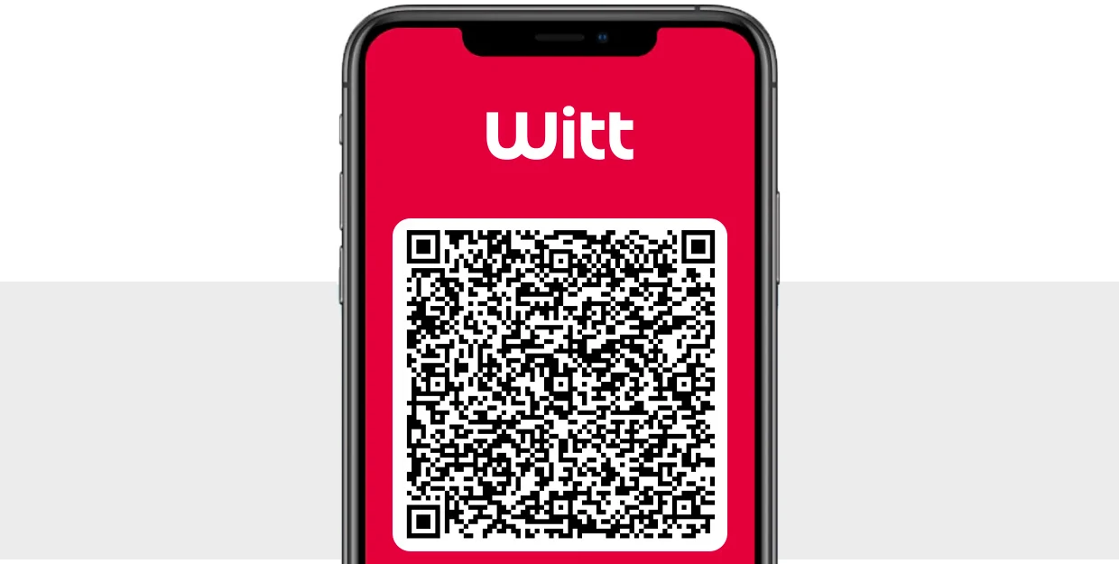 De afbeelding toont een smartphone met het Witt-logo en een QR-code op een rood scherm. De achtergrond is grijs en wit. De afbeelding toont een smartphone met het Witt-logo en een QR-code op een rood scherm. De achtergrond is grijs en wit.