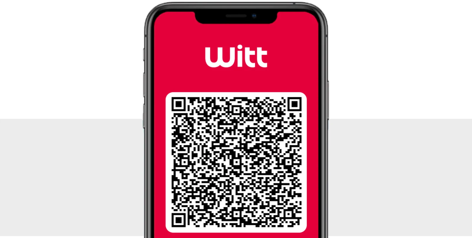De afbeelding toont een smartphone met het Witt-logo en een QR-code op een rood scherm. De achtergrond is grijs en wit. De afbeelding toont een smartphone met het Witt-logo en een QR-code op een rood scherm. De achtergrond is grijs en wit.