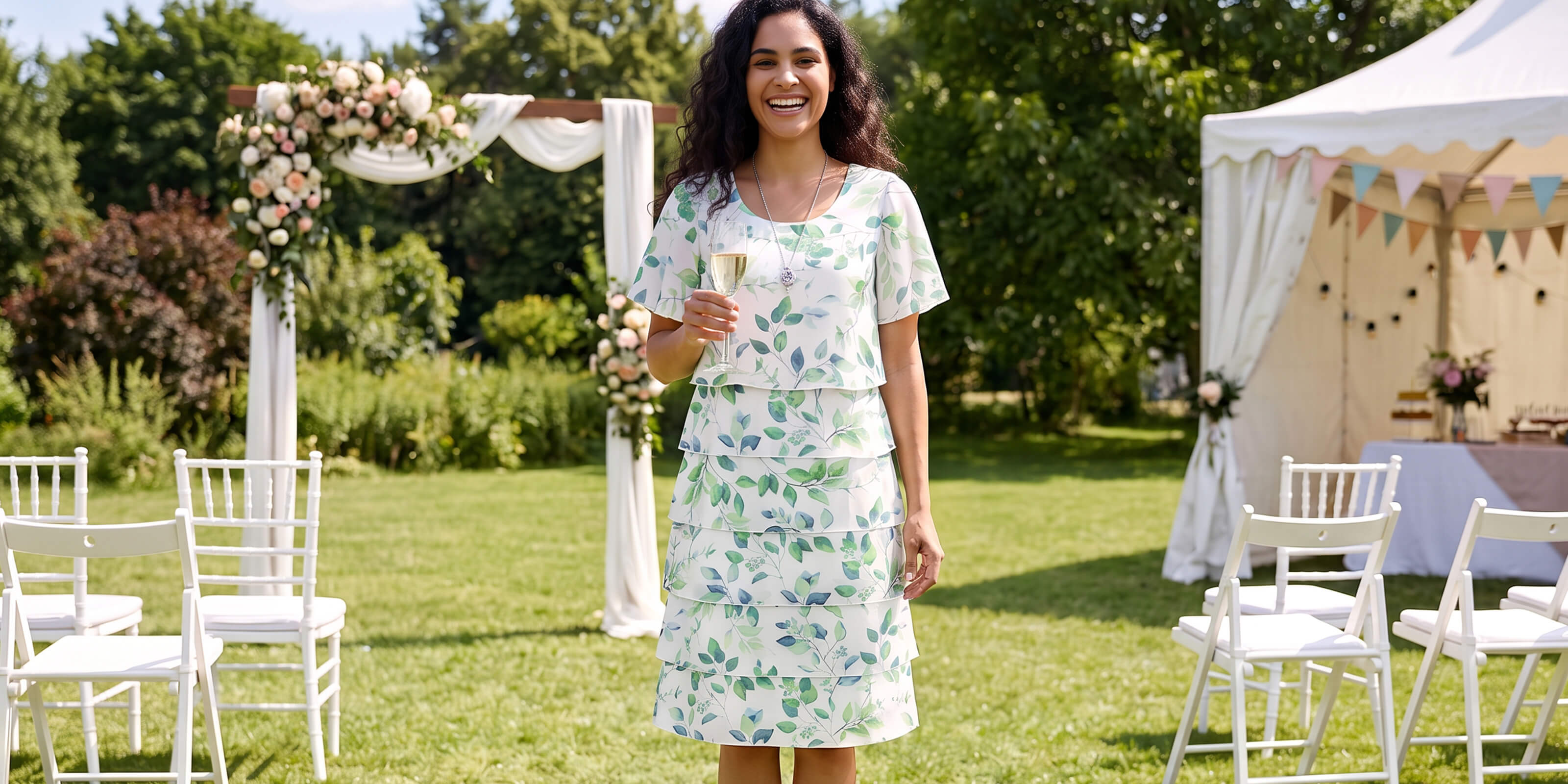 Ein Model mit lockigem Haar trägt ein weißes Kleid mit grünem Blattmuster, steht auf einer Wiese bei einer Hochzeit und hält ein Glas Sekt.