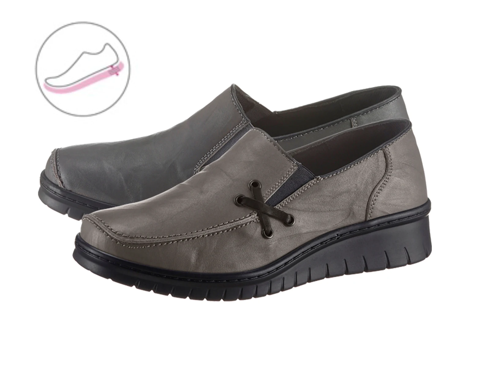 Bequemer grauer Damenschuh mit elastischer Sohle und orthopädischer Unterstützung. Bequemer grauer Damenschuh mit elastischer Sohle und orthopädischer Unterstützung.