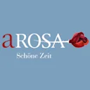 Logo mit Text 'aROSA Schöne Zeit' auf blauem Hintergrund, das 'O' ist mit einer roten Rose gestaltet.