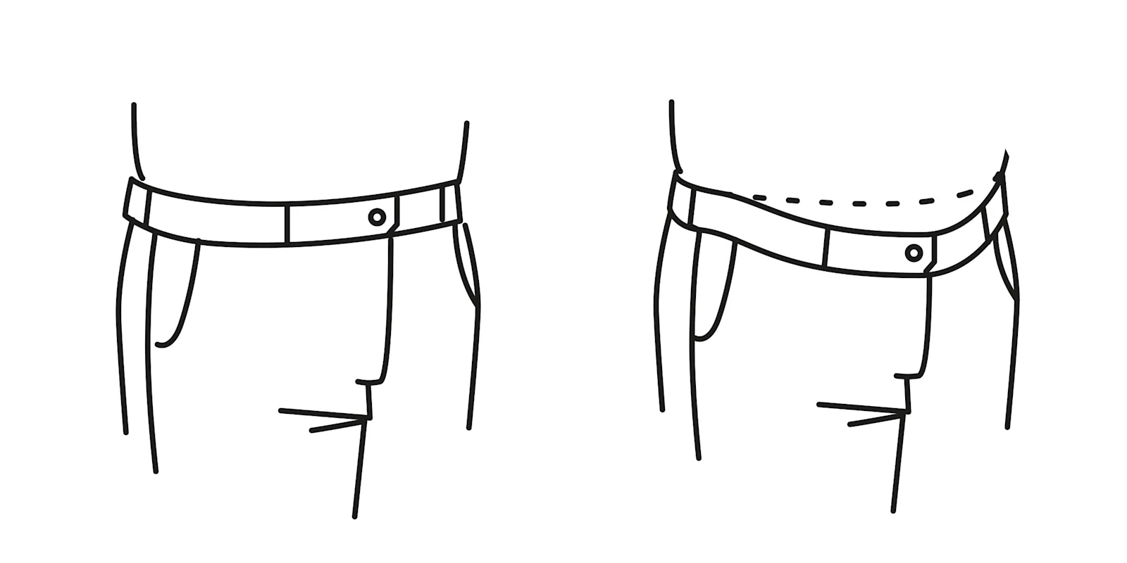 Illustration von zwei Hosen mit unterschiedlichem Bundsitz: links eine Hose mit hohem Bund, rechts eine Hose mit niedrigem Bund und gestrichelter Linie. Illustration von zwei Hosen mit unterschiedlichem Bundsitz: links eine Hose mit hohem Bund, rechts eine Hose mit niedrigem Bund und gestrichelter Linie.