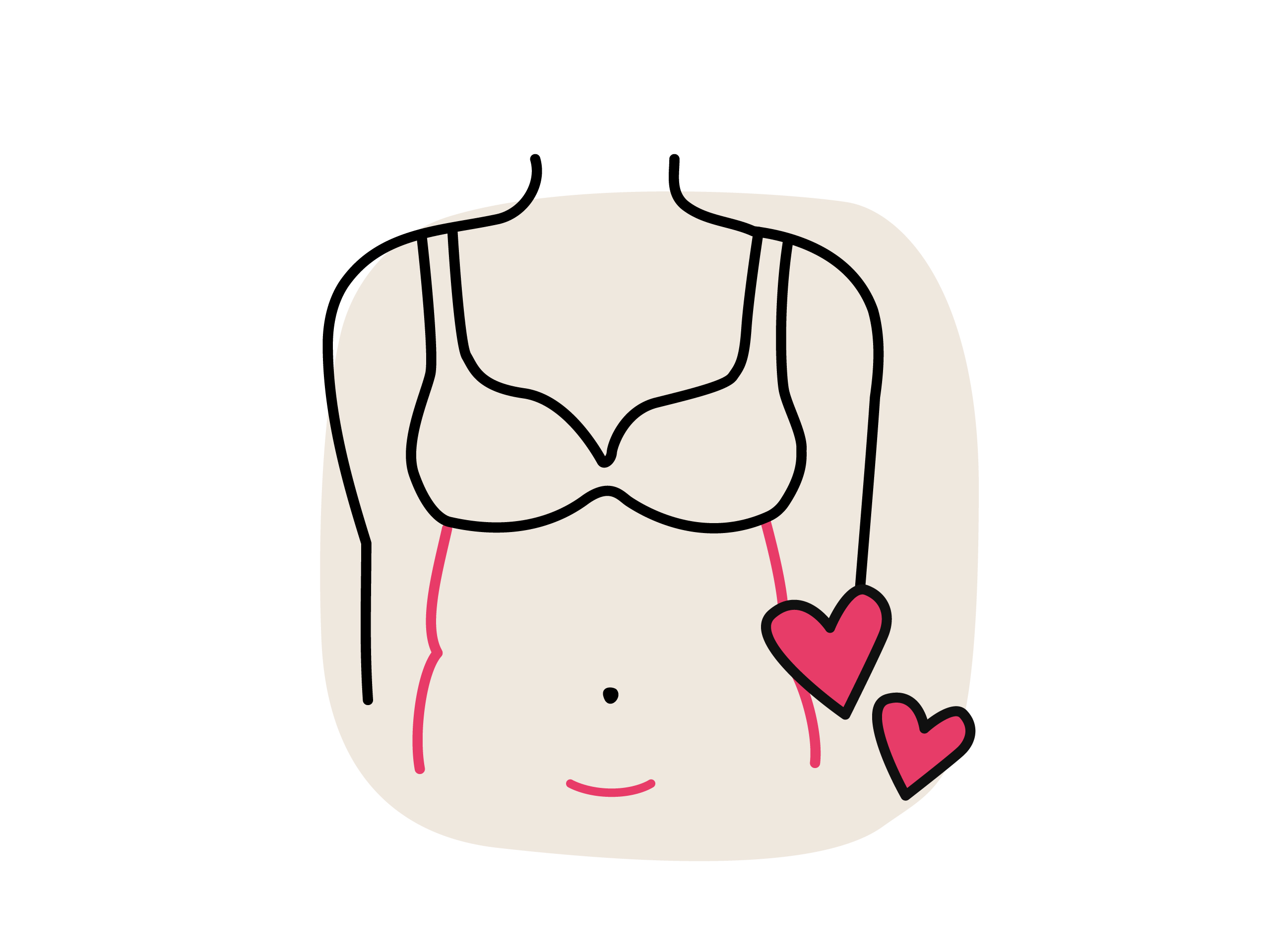 Illustration einer Frontansicht: Rote Linien betonen die Bauchpartie und Taille. Zwei kleine Herzen als Akzent.