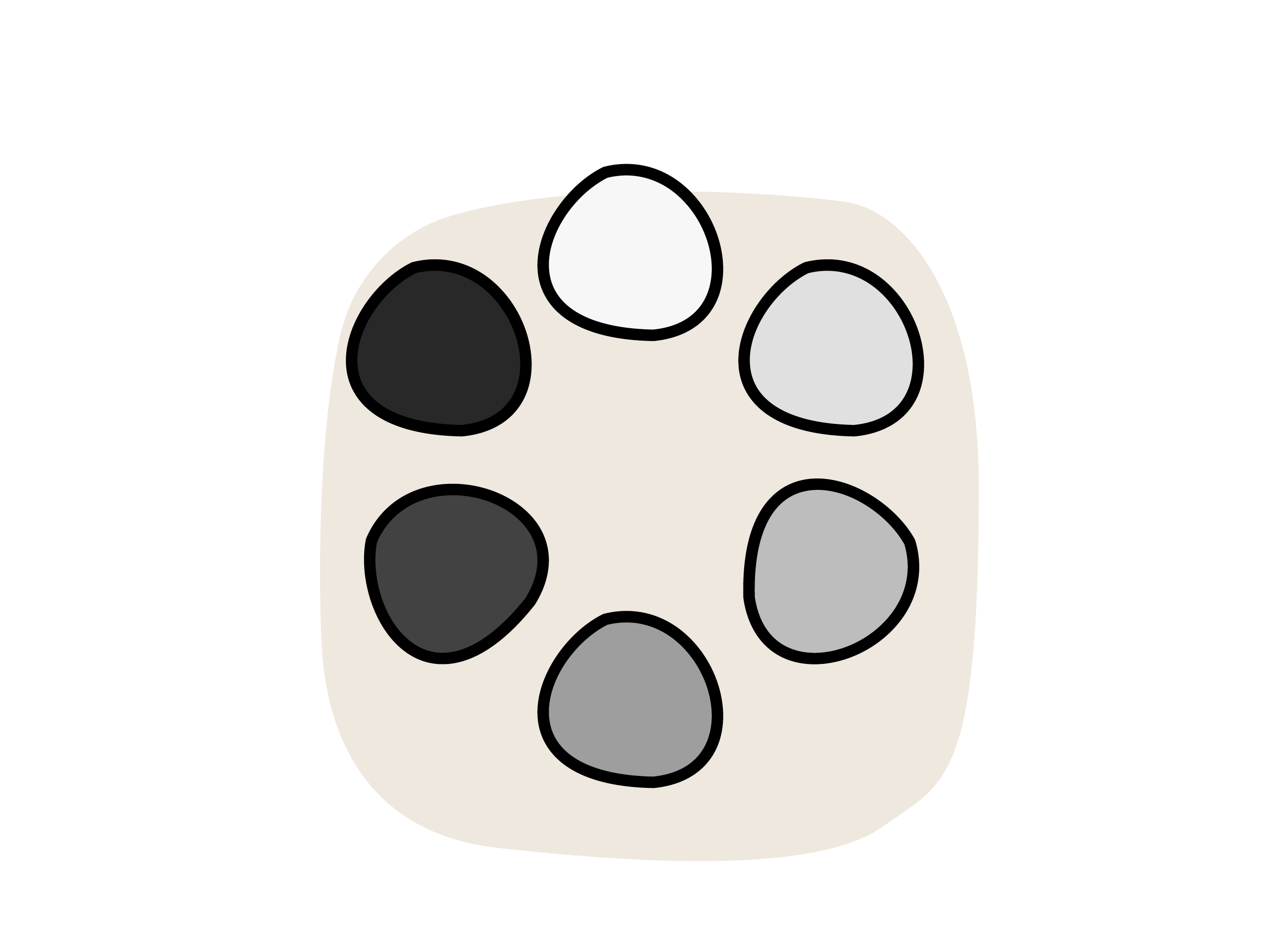 Illustration eines Farbkreises mit sechs organisch geformten Segmenten in grauen Abstufungen.