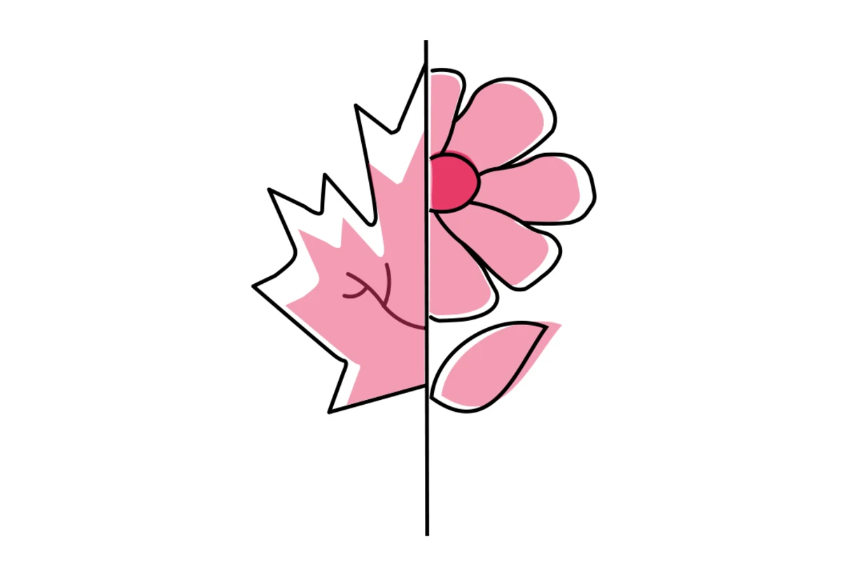 Illustration einer Hälfte eines pinken Ahornblatts und einer Hälfte einer pinken Blume, getrennt durch eine vertikale Linie. Illustration einer Hälfte eines pinken Ahornblatts und einer Hälfte einer pinken Blume, getrennt durch eine vertikale Linie.