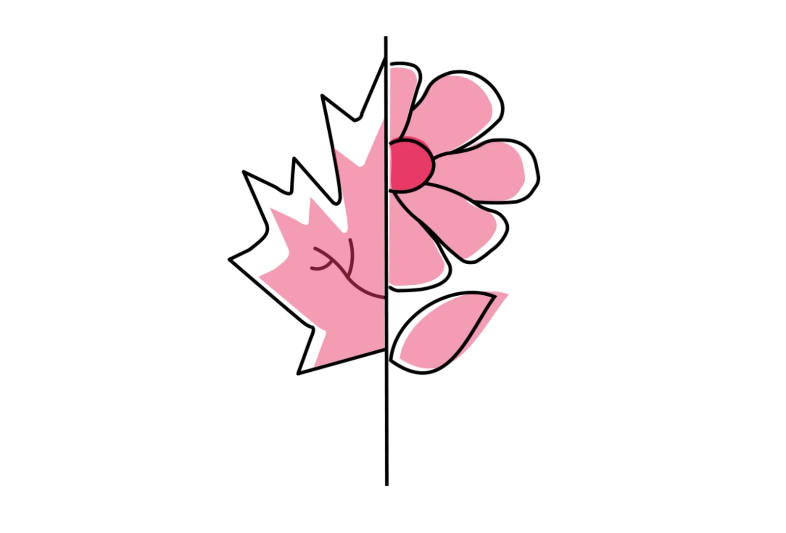 Illustratie van een roze bloem en een roze esdoornblad, gescheiden door een verticale lijn. Illustratie van een roze bloem en een roze esdoornblad, gescheiden door een verticale lijn.