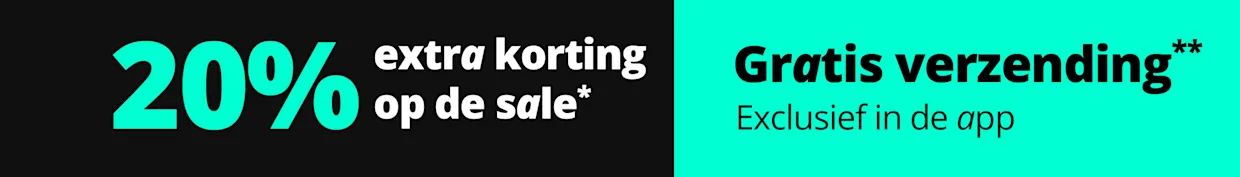 Een advertentie met de tekst '20% extra korting op de sale* Gratis verzending** Exclusief in de app'. De achtergrond is tweedelig: links zwart met turquoise en witte tekst, rechts turquoise met zwarte tekst.
