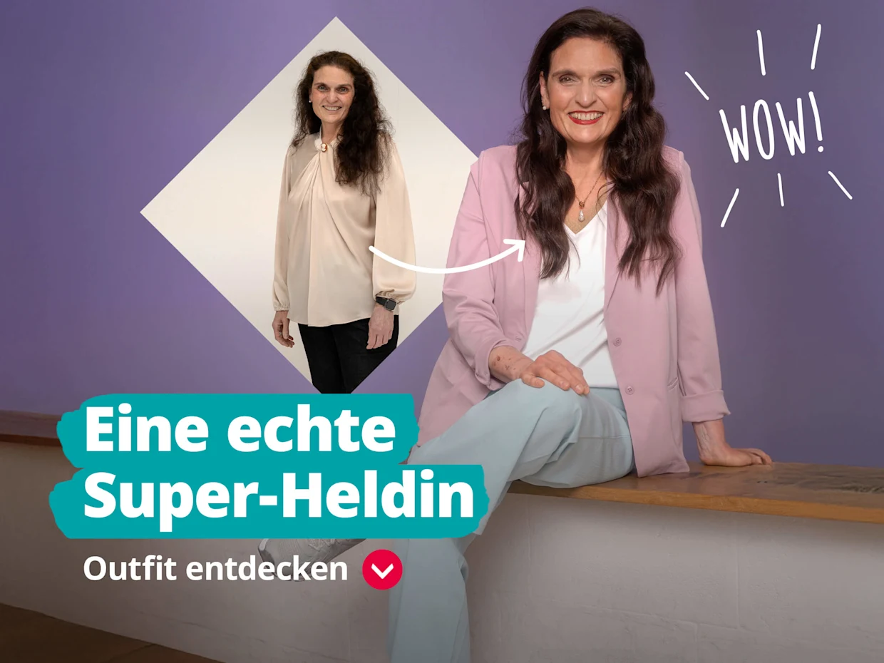 Das Bild zeigt den Text 'Eine echte Super-Heldin' 'Outfit entdecken'. Der Hintergrund ist lila mit dem Wort 'WOW!' rechts oben in organischer Schrift. Eine Frau ist zweimal abgebildet, einmal vor und einmal nach dem Umstyling.