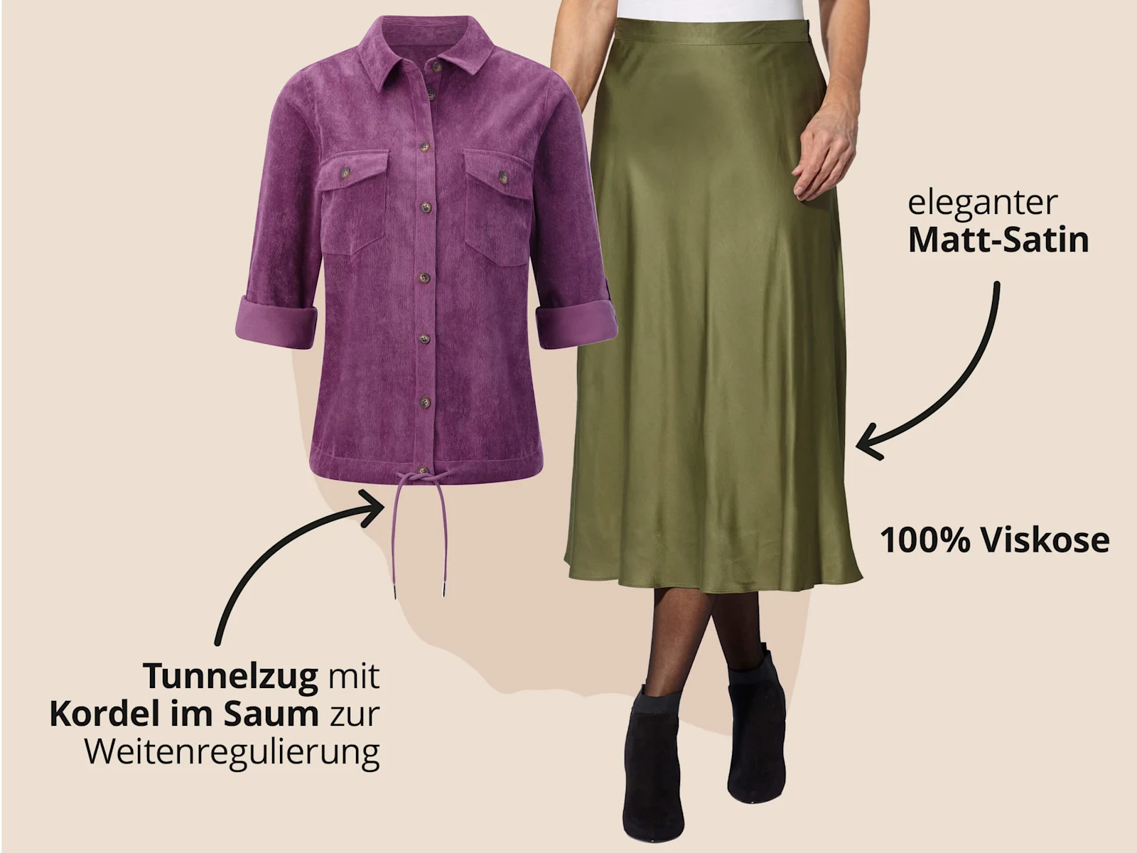 Das Bild zeigt eine lila Cordbluse und einen grünen Satinrock vor beigem Hintergrund mit schwarzem Text. Text zur Bluse: 'Tunnelzug mit Kordel im Saum zur Weitenregulierung'. Text zum Rock: 'eleganter Matt-Satin' '100% Viskose'. Das Bild zeigt eine lila Cordbluse und einen grünen Satinrock vor beigem Hintergrund mit schwarzem Text. Text zur Bluse: 'Tunnelzug mit Kordel im Saum zur Weitenregulierung'. Text zum Rock: 'eleganter Matt-Satin' '100% Viskose'.