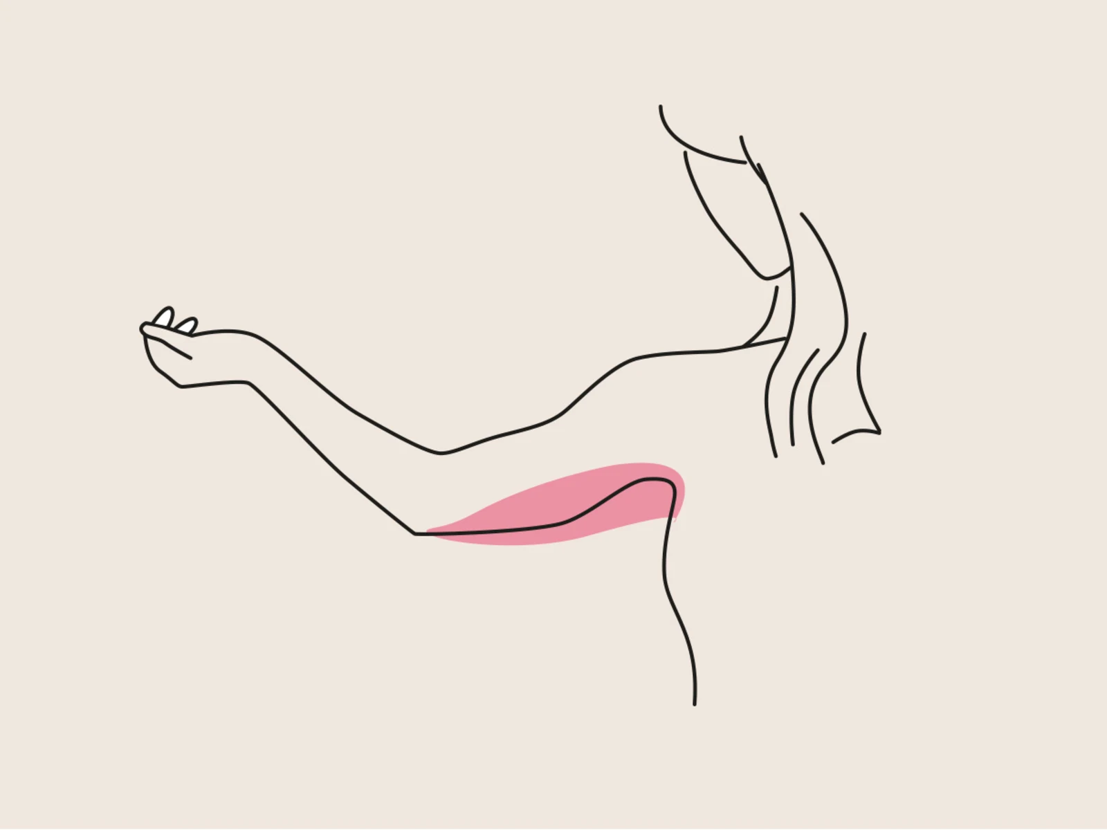 Minimalistische Zeichnung einer Frau von der Seite mit ausgestrecktem Arm und rosa Akzent am Ellenbogen auf beigem Hintergrund. Minimalistische Zeichnung einer Frau von der Seite mit ausgestrecktem Arm und rosa Akzent am Ellenbogen auf beigem Hintergrund.