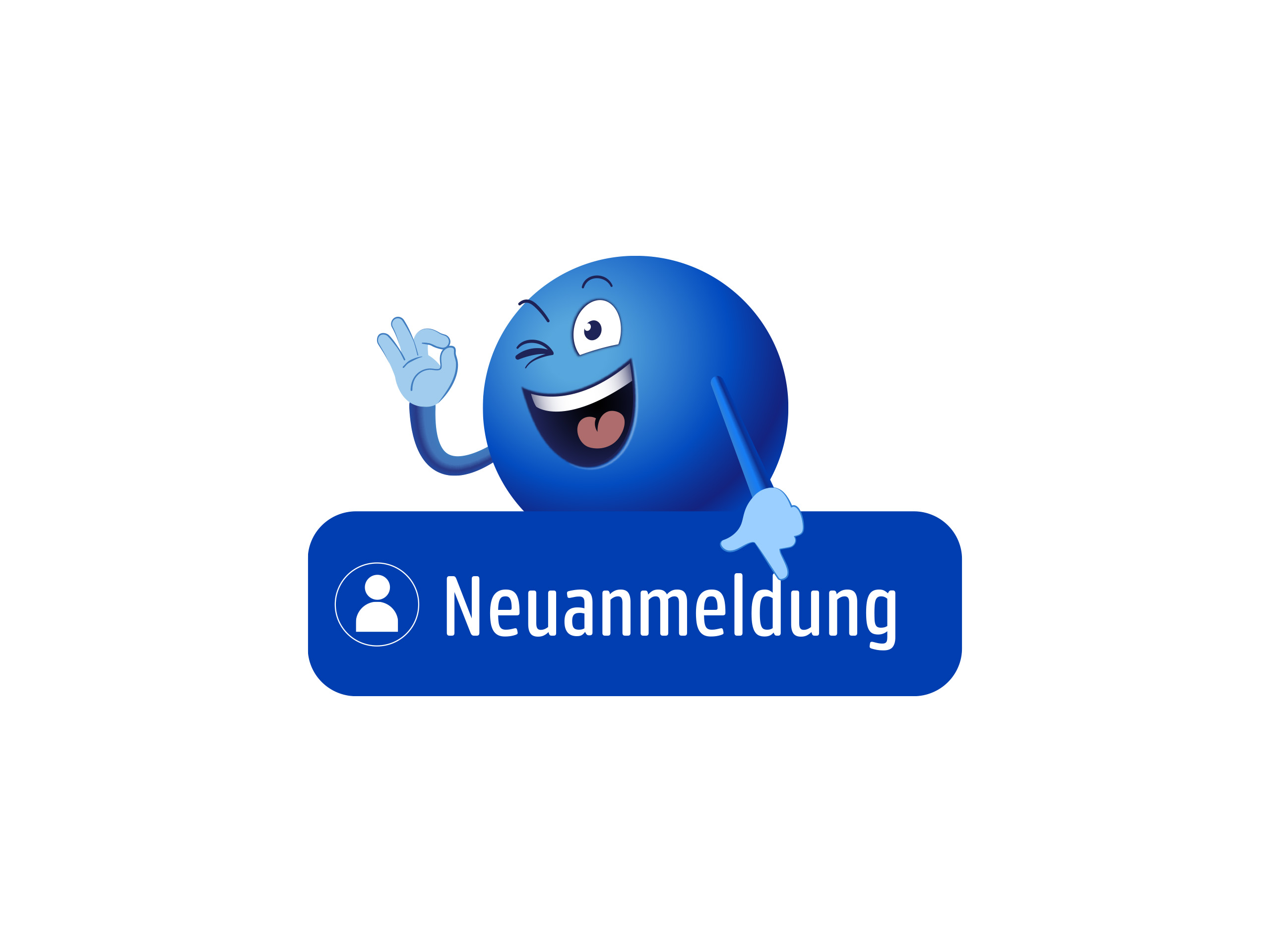 Blauer runder Charakter zeigt lachend und zwinkernd auf ein blaues Schild mit der Aufschrift 'Neuanmeldung'.