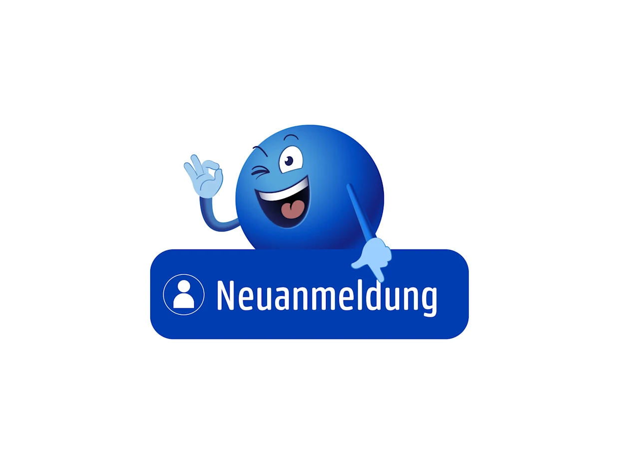 Blauer runder Charakter zeigt lachend und zwinkernd auf ein blaues Schild mit der Aufschrift 'Neuanmeldung'.