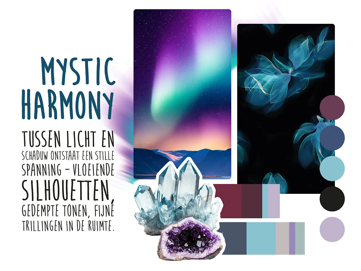 Moodboard met noorderlicht, abstracte blauwe bloemen, kristallen en een kleurenpalet in paars, blauw, turquoise en zwart. Moodboard met noorderlicht, abstracte blauwe bloemen, kristallen en een kleurenpalet in paars, blauw, turquoise en zwart.
