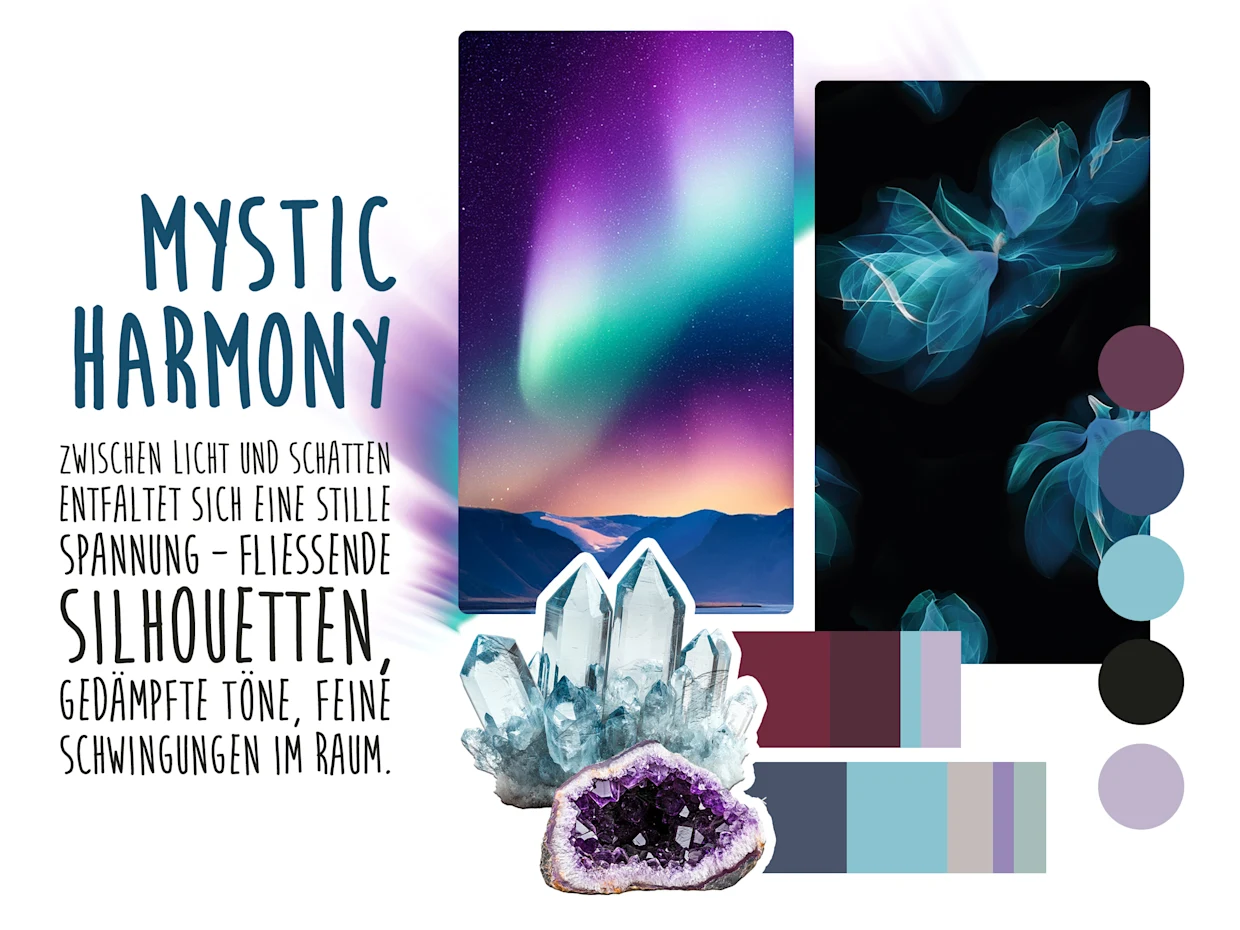 Moodboard mit Nordlichtern, abstrakten blauen Blüten, Edelsteinen und Farbpalette in Violett, Blau, Türkis und Schwarz. Moodboard mit Nordlichtern, abstrakten blauen Blüten, Edelsteinen und Farbpalette in Violett, Blau, Türkis und Schwarz.