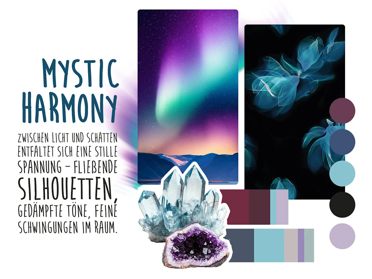 Moodboard mit Nordlichtern, abstrakten blauen Blüten, Edelsteinen und Farbpalette in Violett, Blau, Türkis und Schwarz. Moodboard mit Nordlichtern, abstrakten blauen Blüten, Edelsteinen und Farbpalette in Violett, Blau, Türkis und Schwarz.