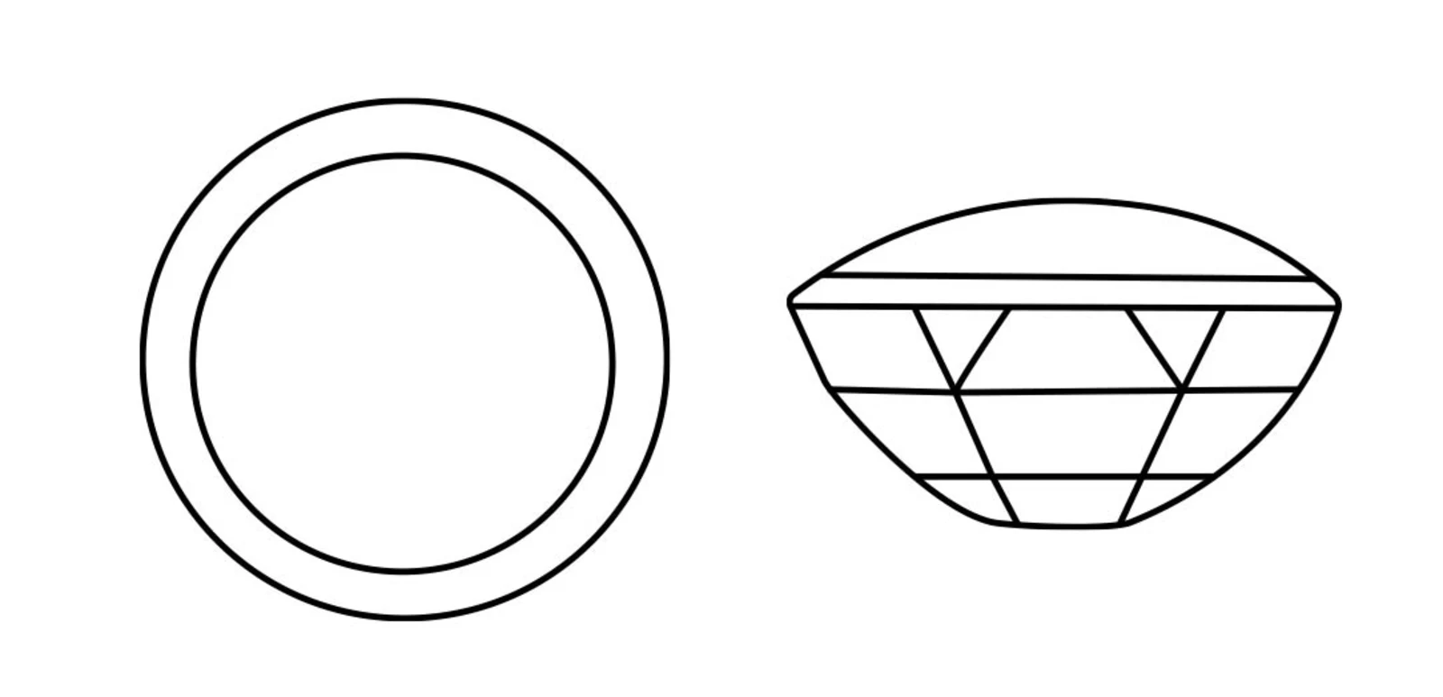 Schematische tekening van een ronde diamant, bovenaanzicht en zijaanzicht. Schematische tekening van een ronde diamant, bovenaanzicht en zijaanzicht.
