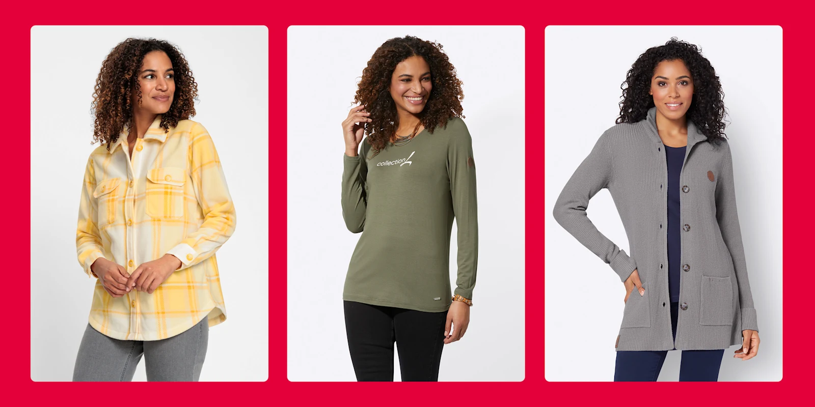 Drei Models tragen unterschiedliche Oberteile: Ein gelb kariertes Hemd, ein olivgrünes Langarmshirt mit Schriftzug und eine graue Strickjacke mit Taschen. Die Models sind durch einen roten Rahmen getrennt. Drei Models tragen unterschiedliche Oberteile: Ein gelb kariertes Hemd, ein olivgrünes Langarmshirt mit Schriftzug und eine graue Strickjacke mit Taschen. Die Models sind durch einen roten Rahmen getrennt.