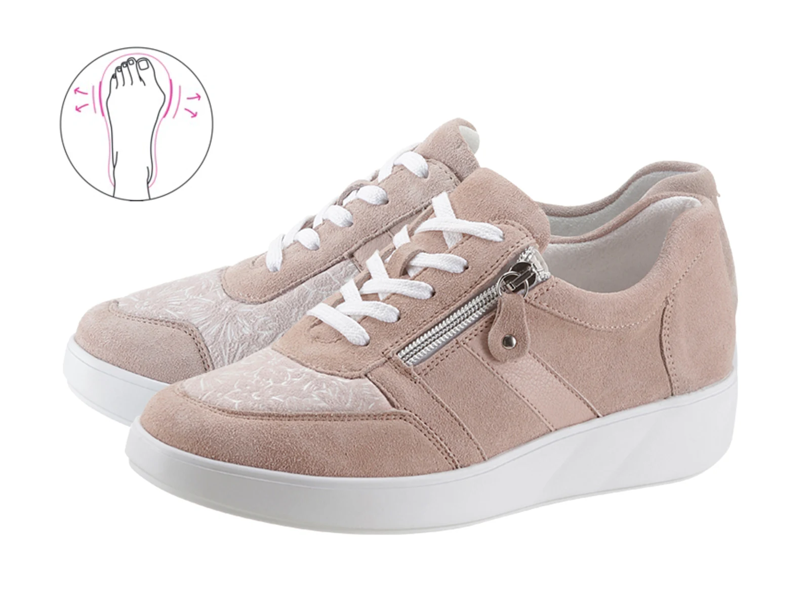 Beige Komfort-Damenschuhe mit weißer Sohle, Schnürsenkeln und seitlichem Reißverschluss, geeignet für empfindliche Füße. Beige Komfort-Damenschuhe mit weißer Sohle, Schnürsenkeln und seitlichem Reißverschluss, geeignet für empfindliche Füße.