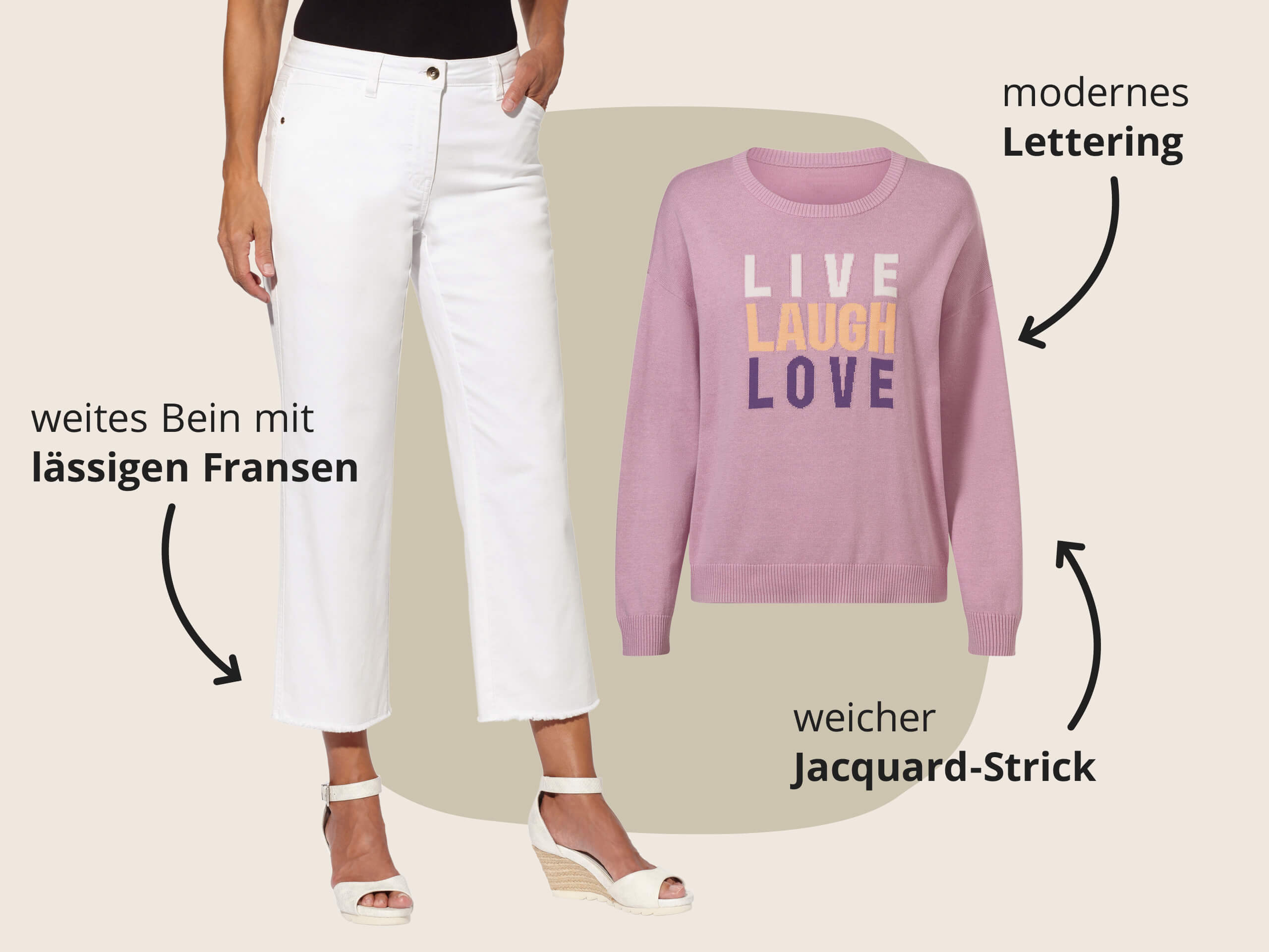 Das Bild zeigt den Text 'weites Bein mit lässigen Fransen' 'modernes Lettering' 'weicher Jacquard-Strick'. Der Hintergrund zeigt eine Frau in weißen, weit geschnittenen Jeans mit Fransen am Saum und dazu einen rosa Pullover mit dem Schriftzug 'LIVE LAUGH LOVE', daneben die jeweiligen Beschreibungen zu Schnitt, Material und Design.