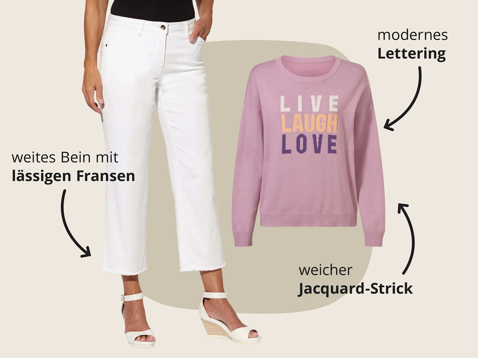 Das Bild zeigt den Text 'weites Bein mit lässigen Fransen' 'modernes Lettering' 'weicher Jacquard-Strick'. Der Hintergrund zeigt eine Frau in weißen, weit geschnittenen Jeans mit Fransen am Saum und dazu einen rosa Pullover mit dem Schriftzug 'LIVE LAUGH LOVE', daneben die jeweiligen Beschreibungen zu Schnitt, Material und Design. Das Bild zeigt den Text 'weites Bein mit lässigen Fransen' 'modernes Lettering' 'weicher Jacquard-Strick'. Der Hintergrund zeigt eine Frau in weißen, weit geschnittenen Jeans mit Fransen am Saum und dazu einen rosa Pullover mit dem Schriftzug 'LIVE LAUGH LOVE', daneben die jeweiligen Beschreibungen zu Schnitt, Material und Design.