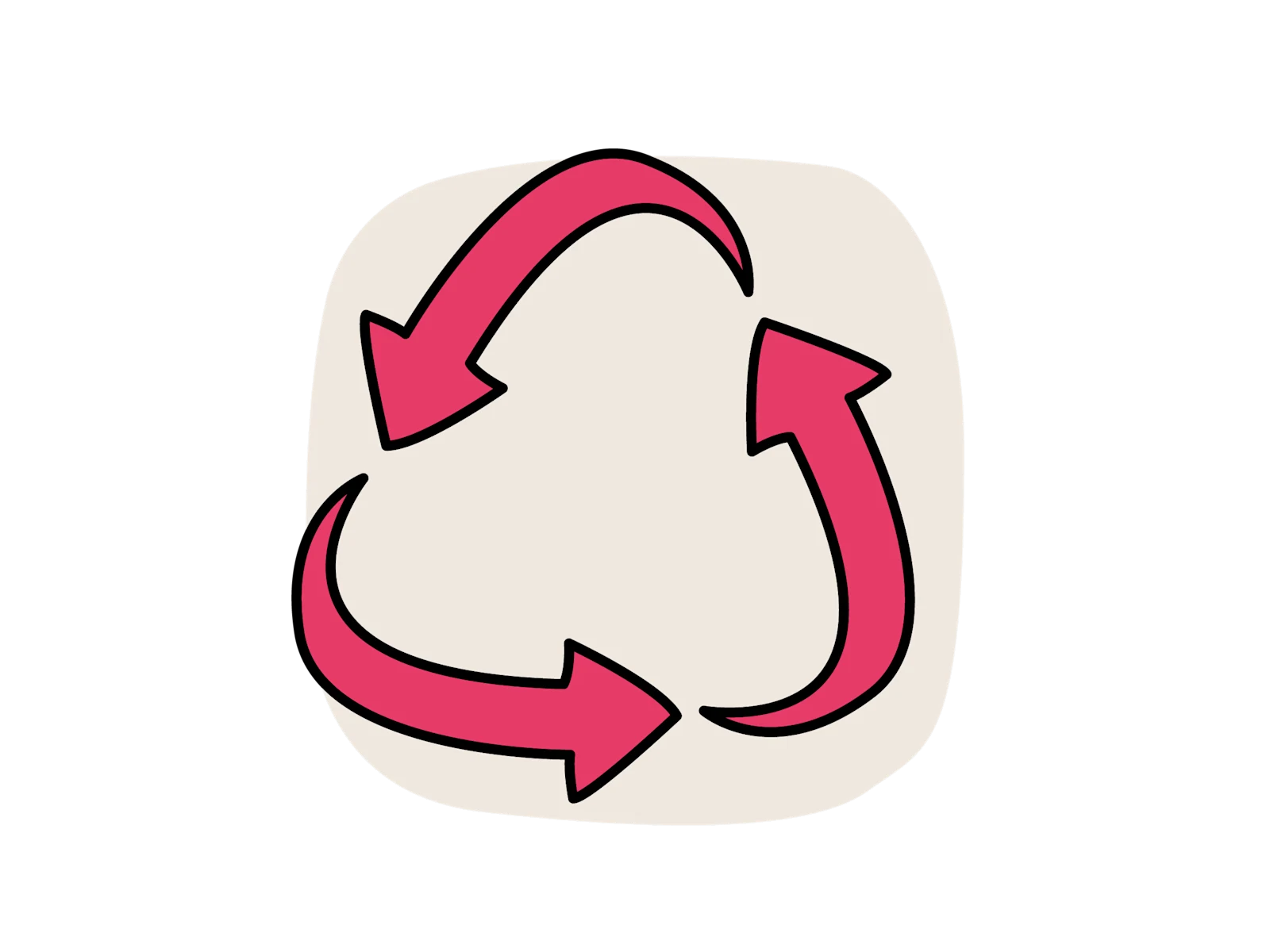 Illustration von drei rosafarbenen Pfeilen, die einen Kreislauf bilden, als universelles Symbol für Recycling.