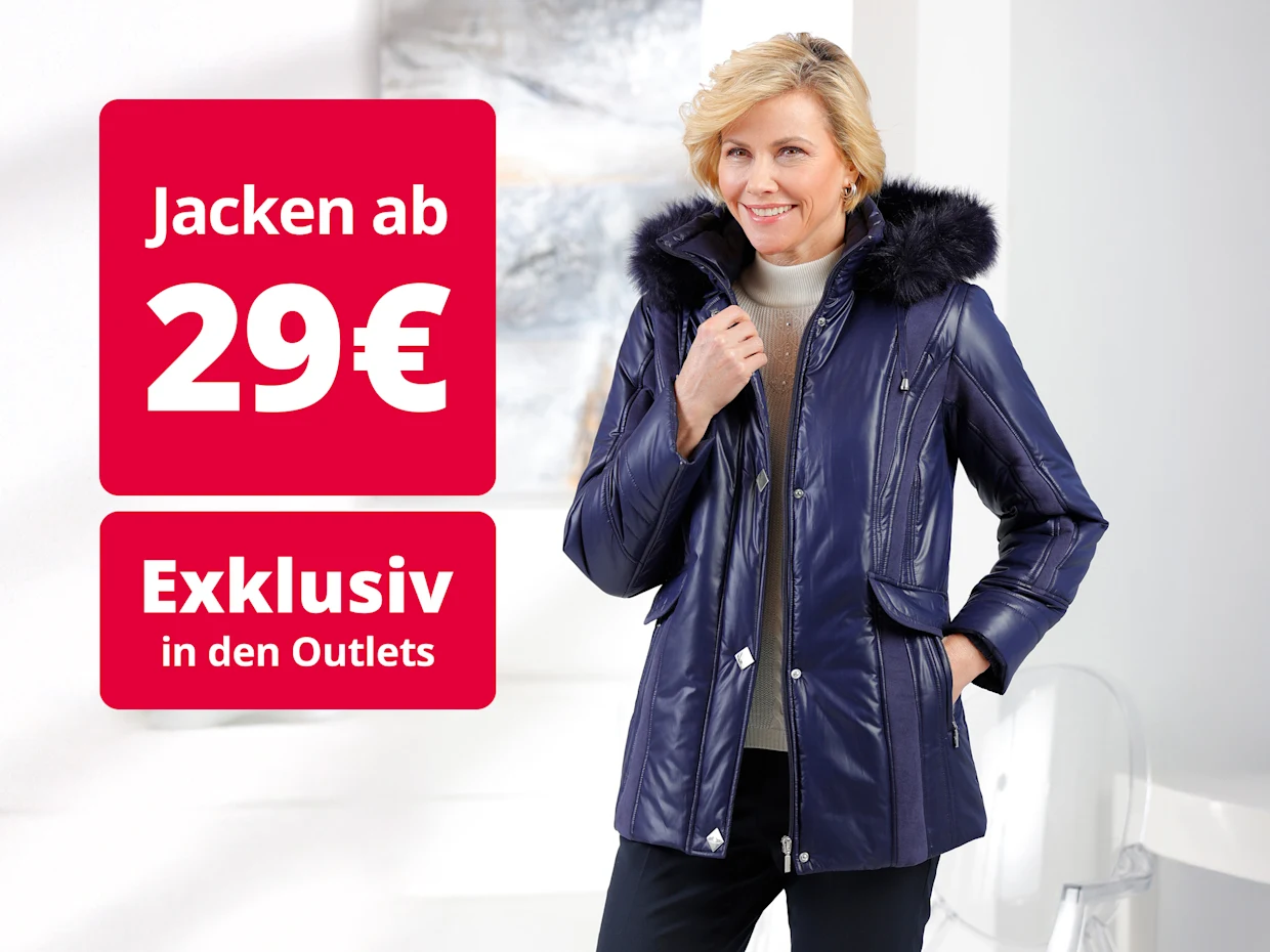 Frau in dunkelblauer Winterjacke mit Fellkapuze lächelt. Links im roten Kasten steht „Jacken ab 29 € – Exklusiv in den Outlets“. Frau in dunkelblauer Winterjacke mit Fellkapuze lächelt. Links im roten Kasten steht „Jacken ab 29 € – Exklusiv in den Outlets“.