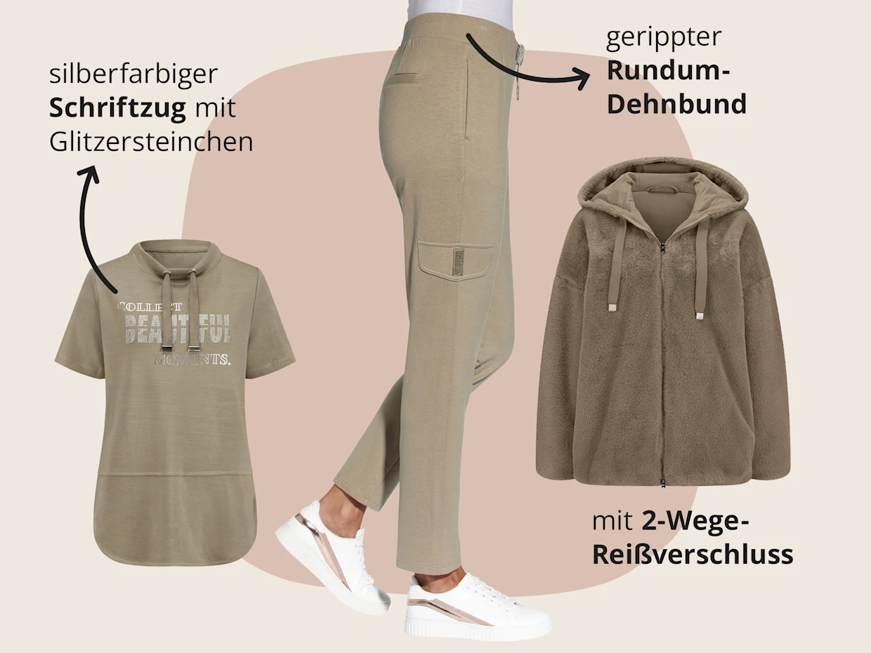 Das Bild zeigt eine schlammfarbene Fellimitatjacke, ein schlammfarbenes Stehkragenshirt und schlammfarbene Jogg Pants vor beige-orangenem Hintergrund mit schwarzem Text. Text zur Jacke: 'mit 2-Wege-Reißverschluss'. Text zum Shirt: 'silberfarbiger Schriftzug mit Glitzersteinchen'. Text zur Hose: 'gerippter Rundum-Dehnbund'. Das Bild zeigt eine schlammfarbene Fellimitatjacke, ein schlammfarbenes Stehkragenshirt und schlammfarbene Jogg Pants vor beige-orangenem Hintergrund mit schwarzem Text. Text zur Jacke: 'mit 2-Wege-Reißverschluss'. Text zum Shirt: 'silberfarbiger Schriftzug mit Glitzersteinchen'. Text zur Hose: 'gerippter Rundum-Dehnbund'.