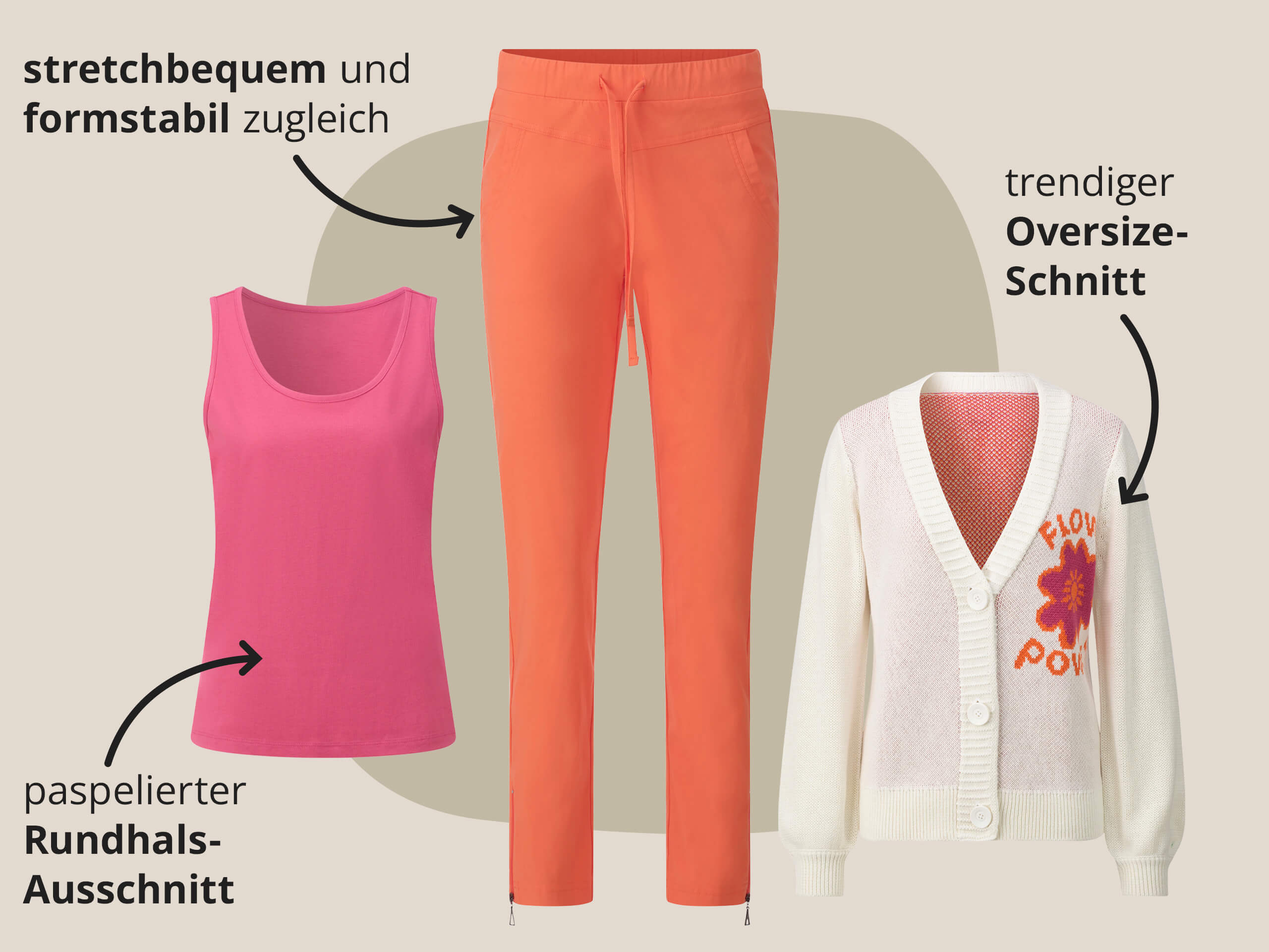 Ein Bild mit den Texten 'stretchbequem und formstabil zugleich paspelierter Rundhals-Ausschnitt trendiger Oversize-Schnitt'. Der Hintergrund zeigt eine orangefarbene Stretchhose, ein pinkes Top mit Rundhalsausschnitt und eine weiße Strickjacke mit buntem Aufdruck im Oversize-Schnitt, daneben stehen die jeweiligen Material- und Designhinweise, alles in modernem, freundlichem Stil.