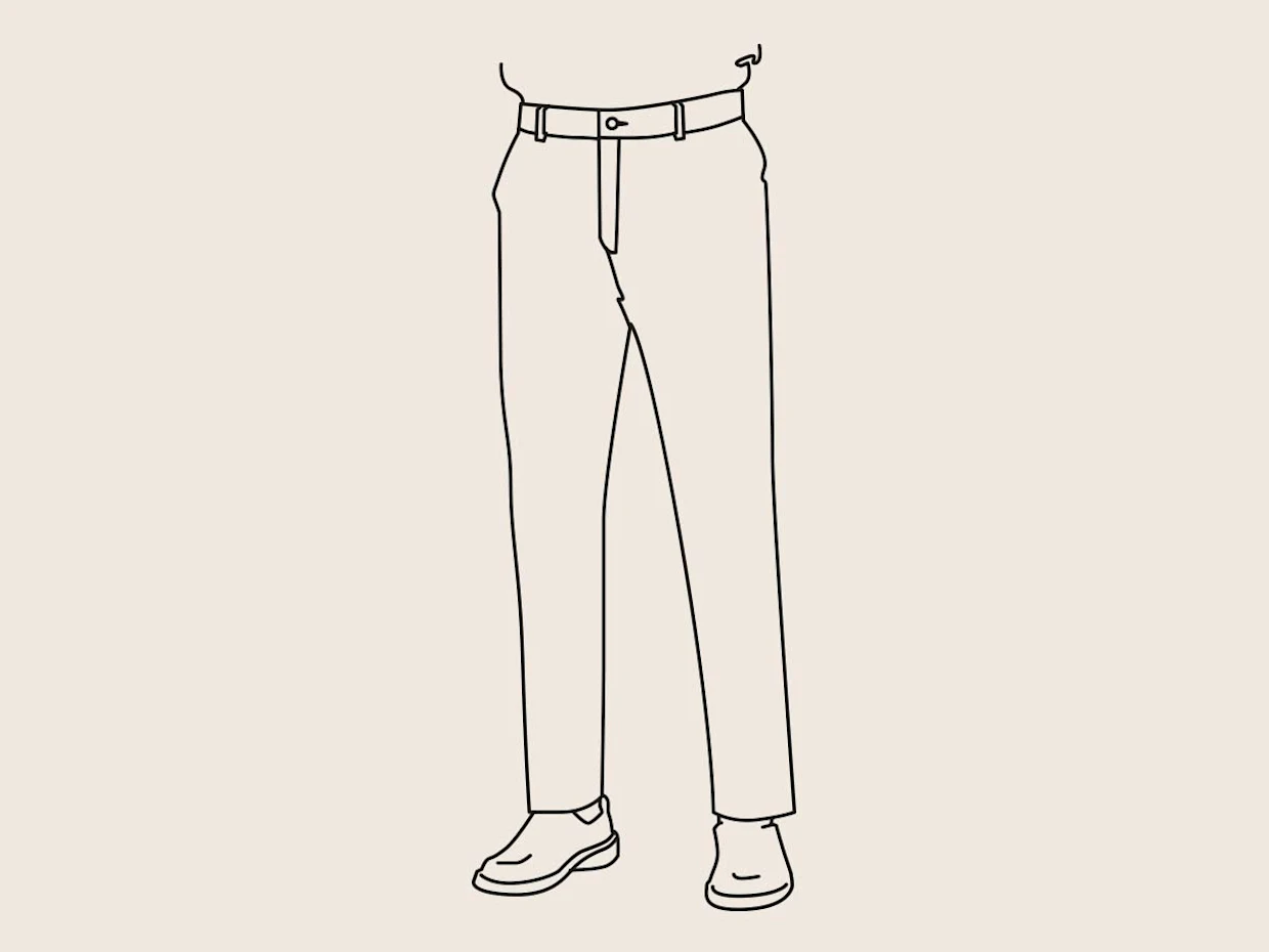 Strichzeichnung einer Hose mit Gürtel und Schuhen, minimalistisch auf beigefarbenem Hintergrund.
