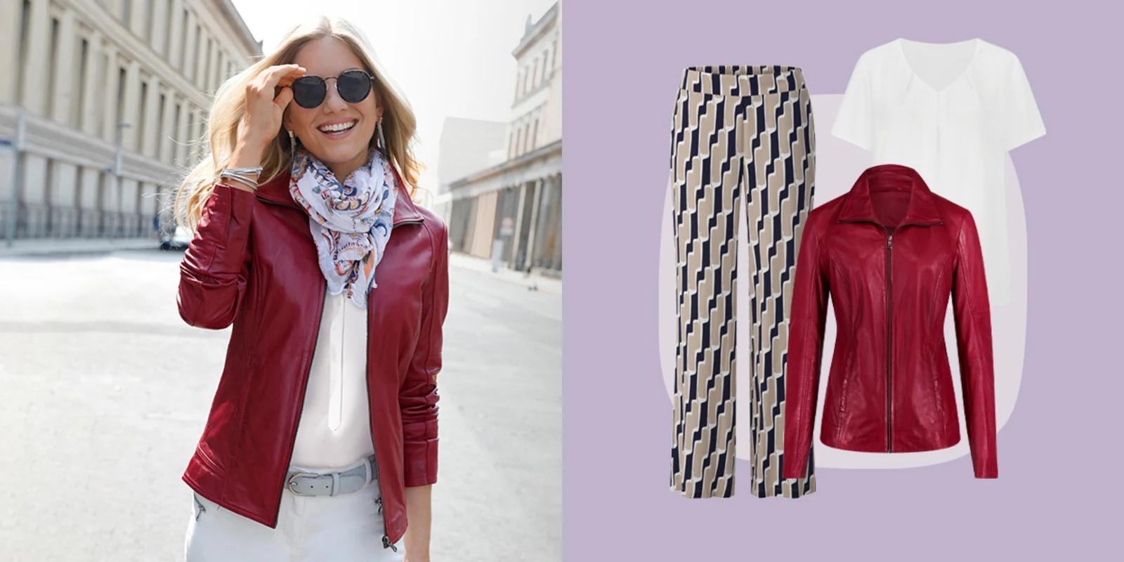 De afbeelding bestaat uit twee delen: links is een vrouw te zien met een rood leren jasje en een sjaal op een zonnige straat in de stad, rechts op een paarse achtergrond een outfit bestaande uit een broek met patroon, een wit shirt en een rood leren jasje. De afbeelding bestaat uit twee delen: links is een vrouw te zien met een rood leren jasje en een sjaal op een zonnige straat in de stad, rechts op een paarse achtergrond een outfit bestaande uit een broek met patroon, een wit shirt en een rood leren jasje.