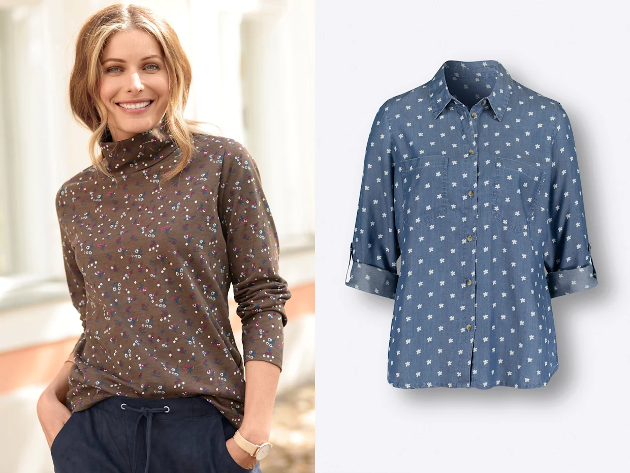 Braunes Langarmshirt mit floralem Muster links und hellblaues Hemd mit weißen Blumenmuster rechts.