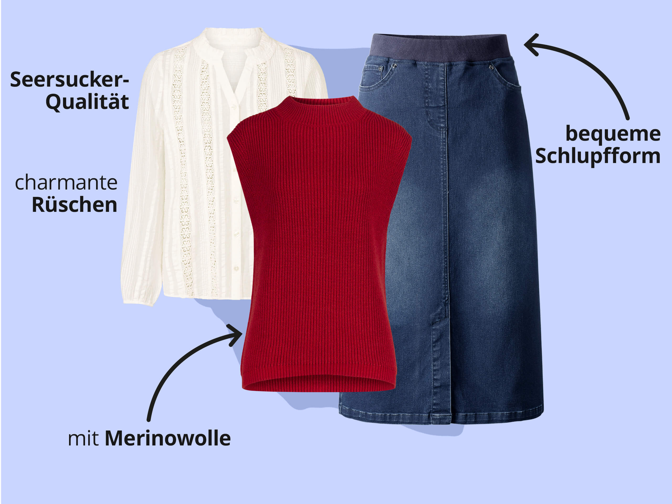 Das Bild zeigt eine weiße Spitzenbluse, einen roten Pullunder und einen blauen Jeansrock vor hellblauem Hintergrund mit schwarzem Text. Text zur Bluse: 'Seersucker-Qualität' 'charmante Rüschen'. Text zum Pullunder: 'mit Merinowolle'. Text zum Rock: 'bequeme Schlupfform'.