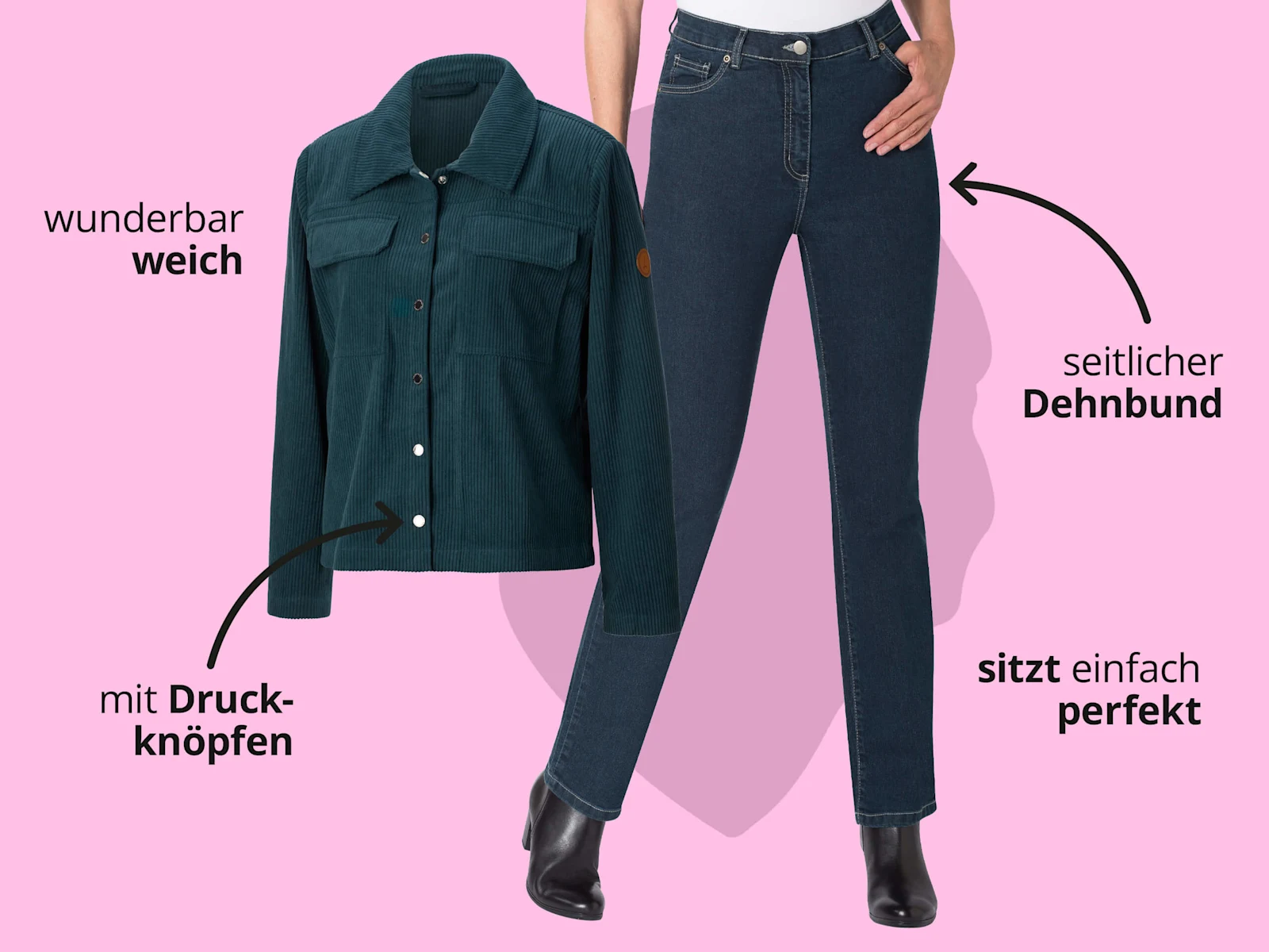 Das Bild zeigt einen blauen Cordblazer und eine blaue Jeans vor rosa Hintergrund mit schwarzem Text. Text zum Blazer: 'wunderbar weich' 'mit Druckknöpfen'. Text zur Hose: 'seitlicher Dehnbund' 'sitzt einfach perfekt'. Das Bild zeigt einen blauen Cordblazer und eine blaue Jeans vor rosa Hintergrund mit schwarzem Text. Text zum Blazer: 'wunderbar weich' 'mit Druckknöpfen'. Text zur Hose: 'seitlicher Dehnbund' 'sitzt einfach perfekt'.